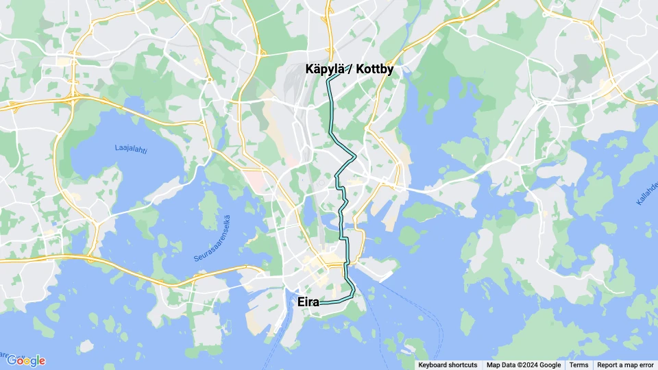 Helsingfors ekstralinje 1A: Eira - Käpylä / Kottby linjekort