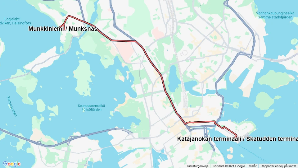 Helsingfors ekstralinje 4T: Munkkiniemi / Munksnäs - Katajanokan terminaali/Skatudden terminal linjekort