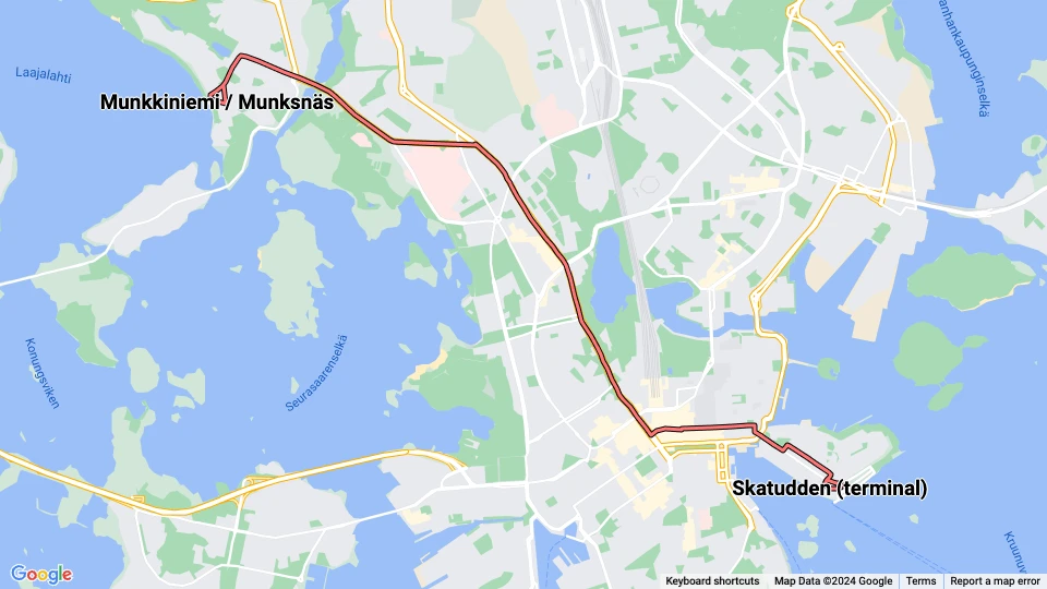 Helsingfors ekstralinje 4T: Munkkiniemi / Munksnäs - Skatudden (terminal) linjekort