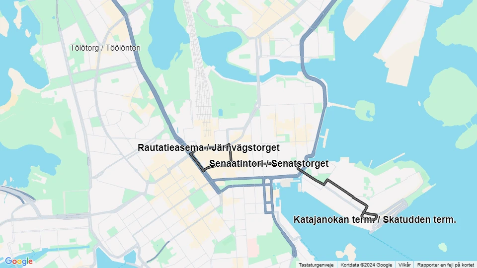 Helsingfors ekstralinje 5: Rautatieasema / Järnvägstorget - Katajanokan term. / Skatudden term. linjekort