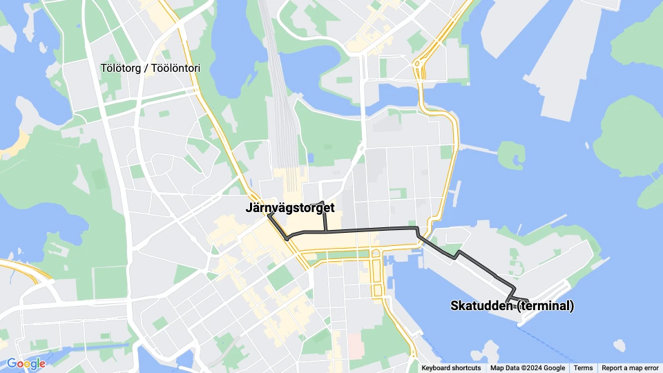 Helsingfors ekstralinje 5: Skatudden (terminal) - Järnvägstorget linjekort