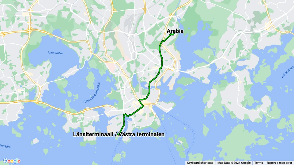Helsingfors ekstralinje 6T: Arabia - Länsiterminaali / Västra terminalen linjekort