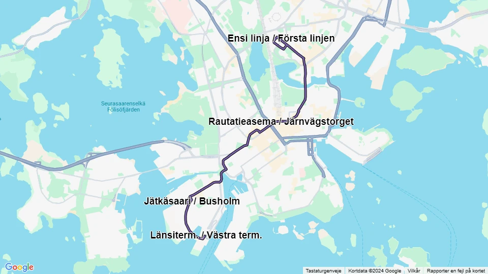 Helsingfors ekstralinje 9B: Länsiterm. / Västra term. - Ensi linja / Första linjen linjekort