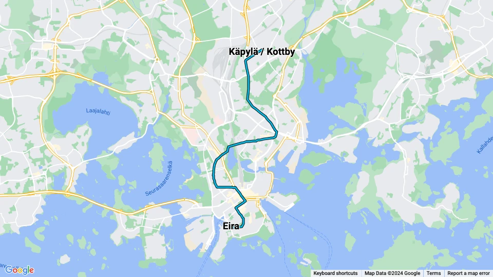 Helsingfors sporvognslinje 1: Eira - Käpylä / Kottby linjekort