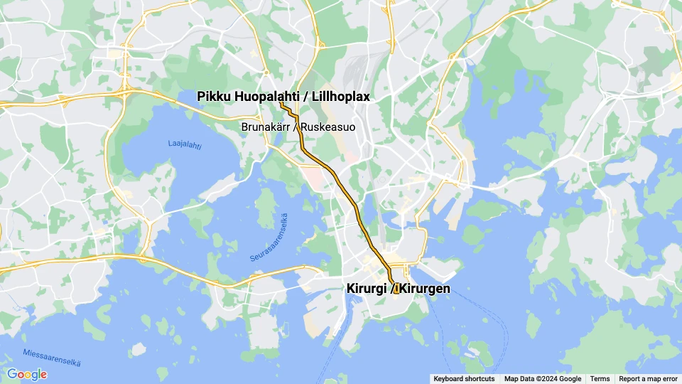 Helsingfors sporvognslinje 10: Kirurgi / Kirurgen - Pikku Huopalahti / Lillhoplax linjekort
