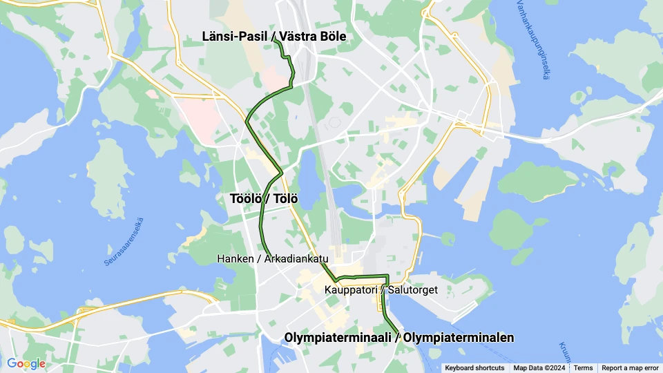 Helsingfors sporvognslinje 2: Olympiaterminaali / Olympiaterminalen - Länsi-Pasil / Västra Böle linjekort