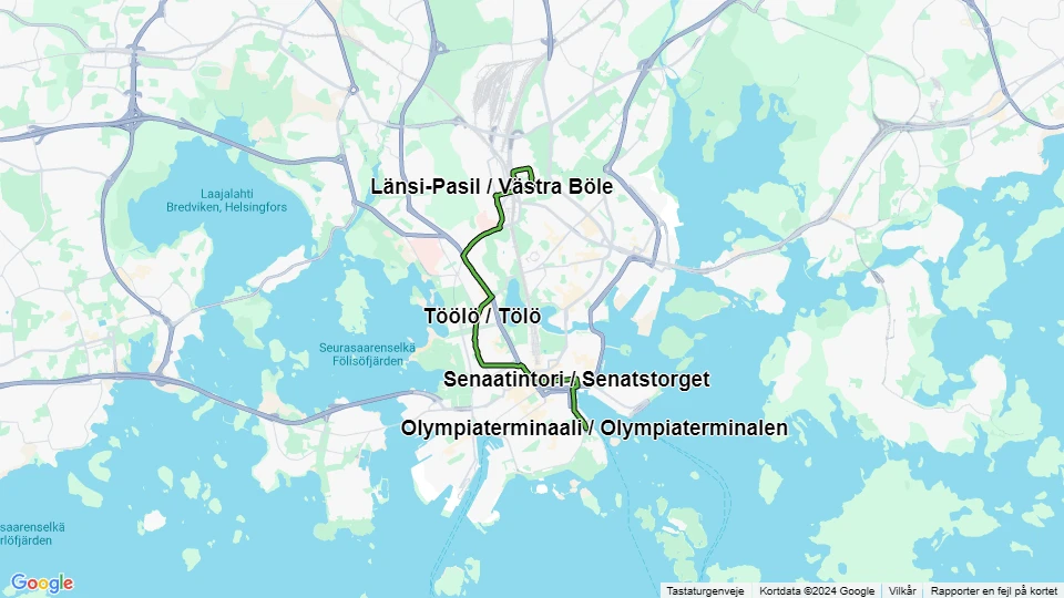 Helsingfors sporvognslinje 2: Olympiaterminaali / Olympiaterminalen - Messukeskus / Mässcentrum linjekort