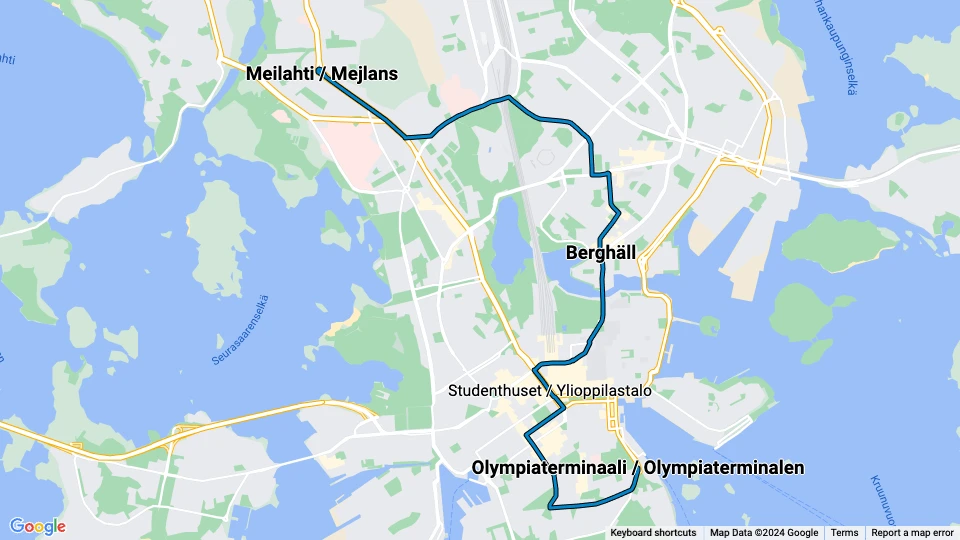 Helsingfors sporvognslinje 3: Olympiaterminaali / Olympiaterminalen - Meilahti / Mejlans linjekort
