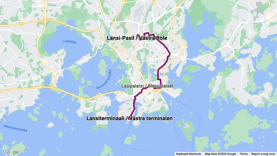 Helsingfors sporvognslinje 7: Länsi-Pasil / Västra Böle - Länsiterminaali / Västra terminalen linjekort
