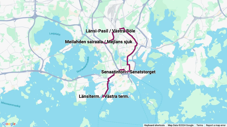 Helsingfors sporvognslinje 7: Meilahden sairaala / Mejlans sjuk - Länsiterm. / Västra term. linjekort