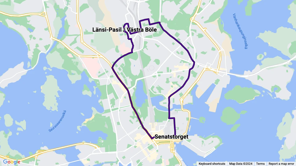 Helsingfors sporvognslinje 7B: Länsi-Pasil / Västra Böle - Senatstorget linjekort