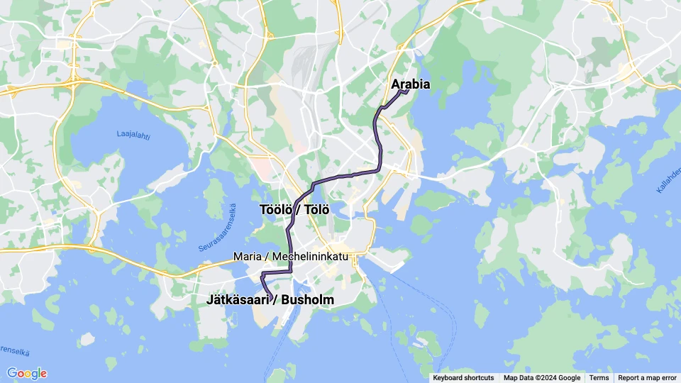 Helsingfors sporvognslinje 8: Arabia - Jätkäsaari / Busholm linjekort