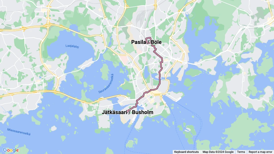 Helsingfors sporvognslinje 9: Jätkäsaari / Busholm - Pasila / Böle linjekort