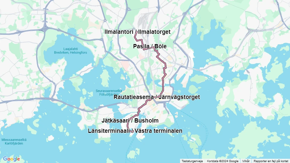 Helsingfors sporvognslinje 9: Länsiterminaali / Västra terminalen - Ilmalantori / Ilmalatorget linjekort