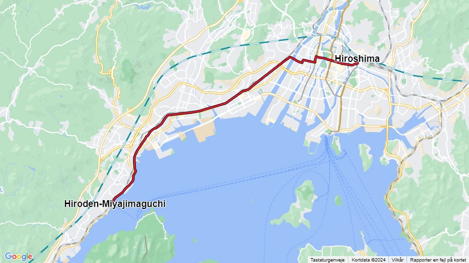 Hiroshima sporvognslinje 2: Hiroshima - Hiroden-Miyajimaguchi linjekort