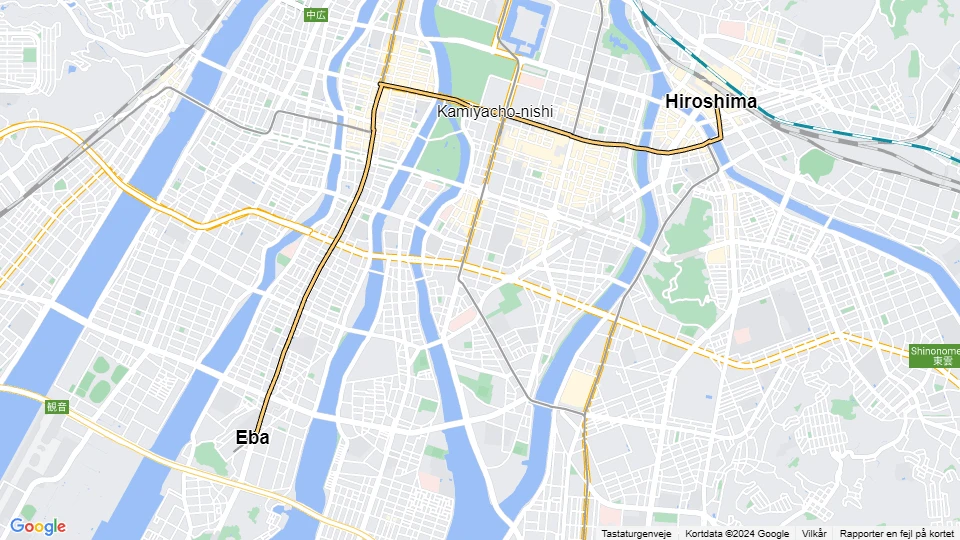Hiroshima sporvognslinje 6: Eba - Hiroshima linjekort