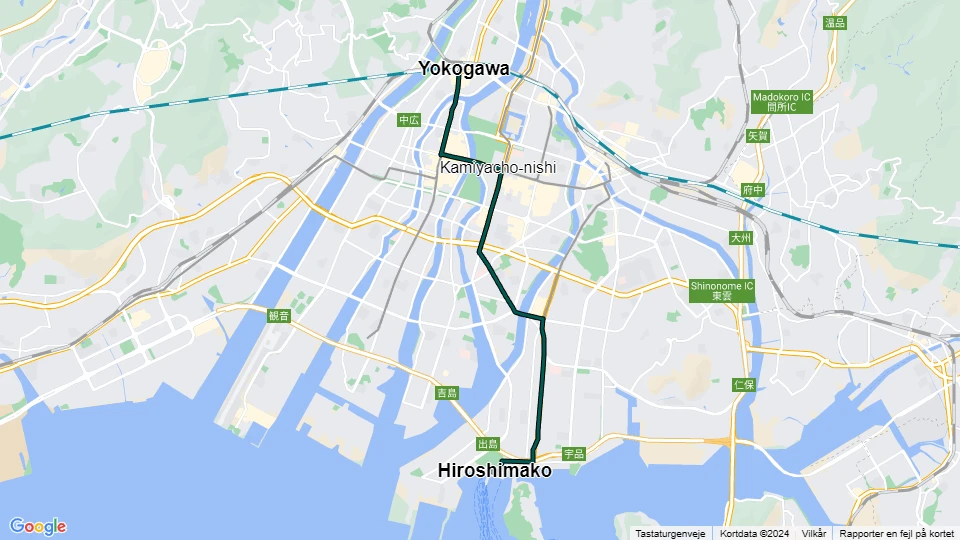 Hiroshima sporvognslinje 7: Hiroshimako - Yokogawa linjekort