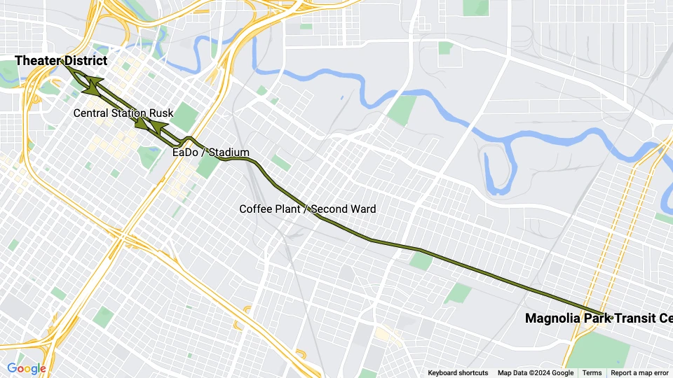 Houston sporvognslinje Grøn: Theater District - Magnolia Park Transit Center linjekort