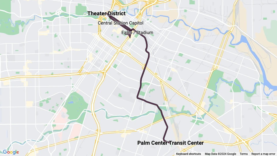 Houston sporvognslinje Lilla: Theater District - Palm Center Transit Center linjekort