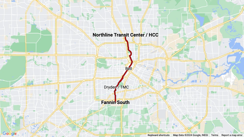 Houston sporvognslinje Rød: Northline Transit Center / HCC - Fannin South linjekort