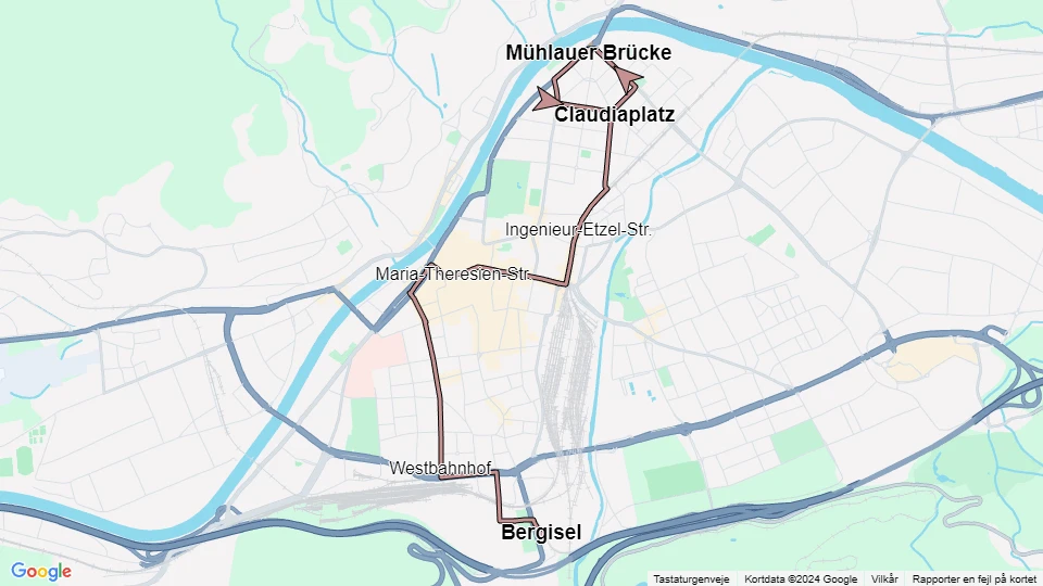 Innsbruck sporvognslinje 1: Mühlauer Brücke - Bergisel linjekort