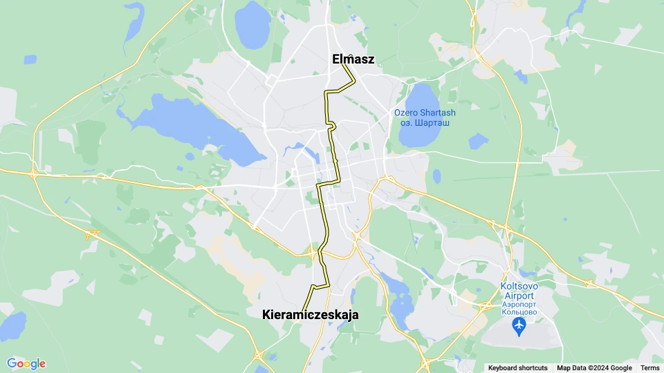 Jekaterinburg sporvognslinje 14: Elmasz - Kieramiczeskaja linjekort