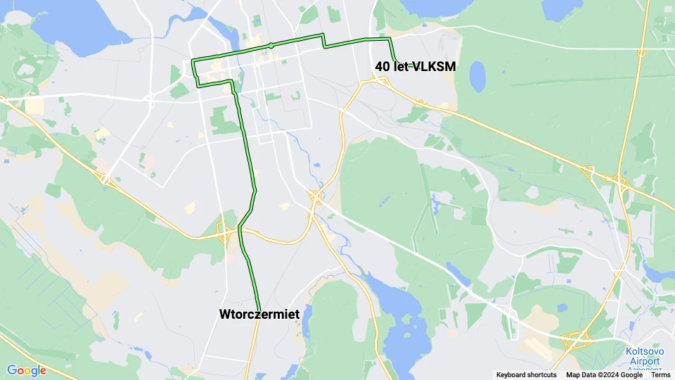 Jekaterinburg sporvognslinje 15: 40 let VLKSM - Wtorczermiet linjekort