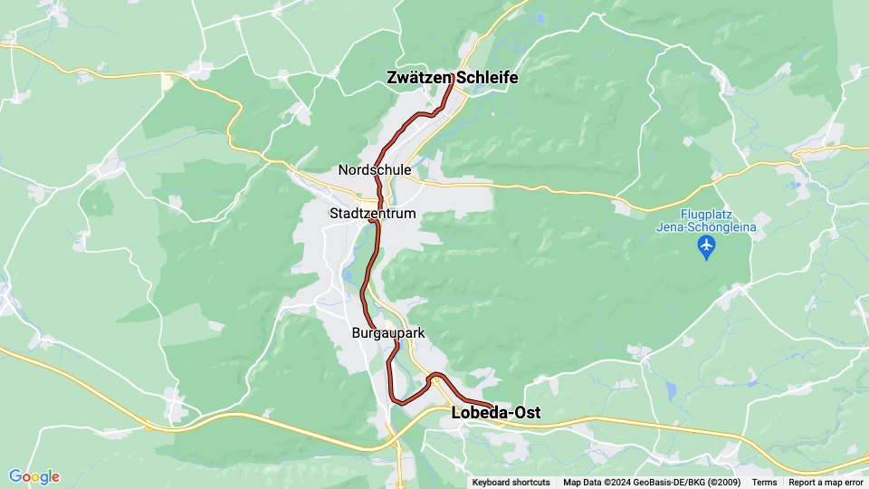 Jena sporvognslinje 1: Lobeda-Ost - Zwätzen Schleife linjekort