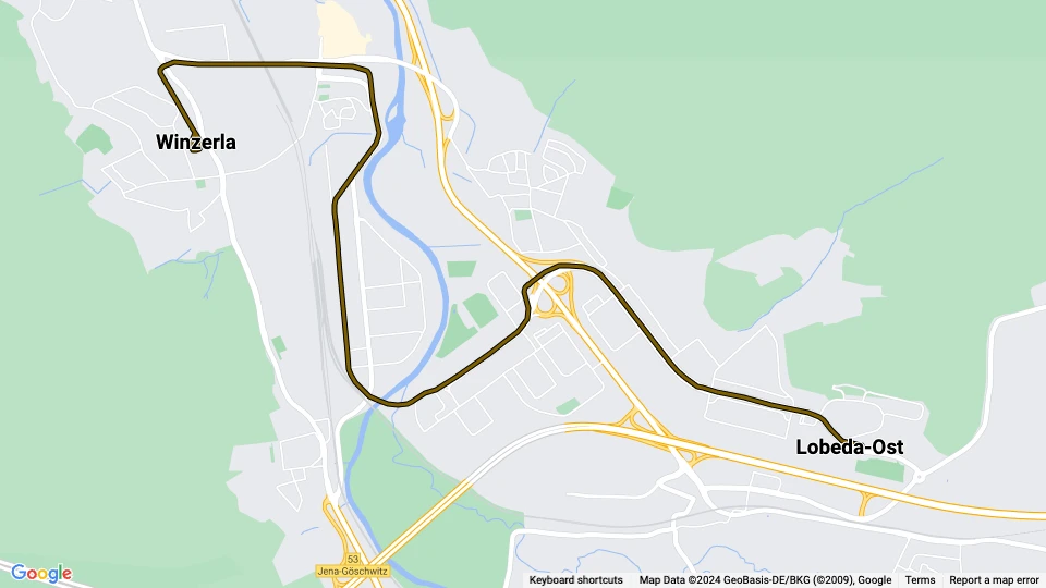 Jena sporvognslinje 3: Lobeda-Ost - Winzerla linjekort