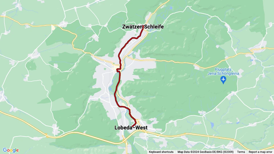 Jena sporvognslinje 4: Zwätzen Schleife - Lobeda−West linjekort