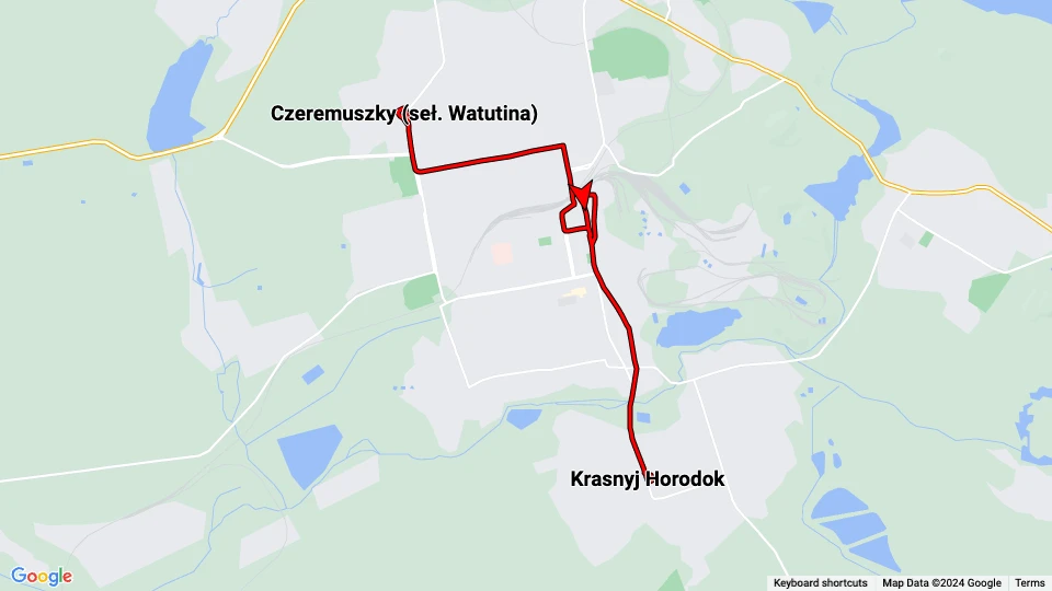 Jenakijeve sporvognslinje 1: Krasnyj Horodok - Czeremuszky (seł. Watutina) linjekort