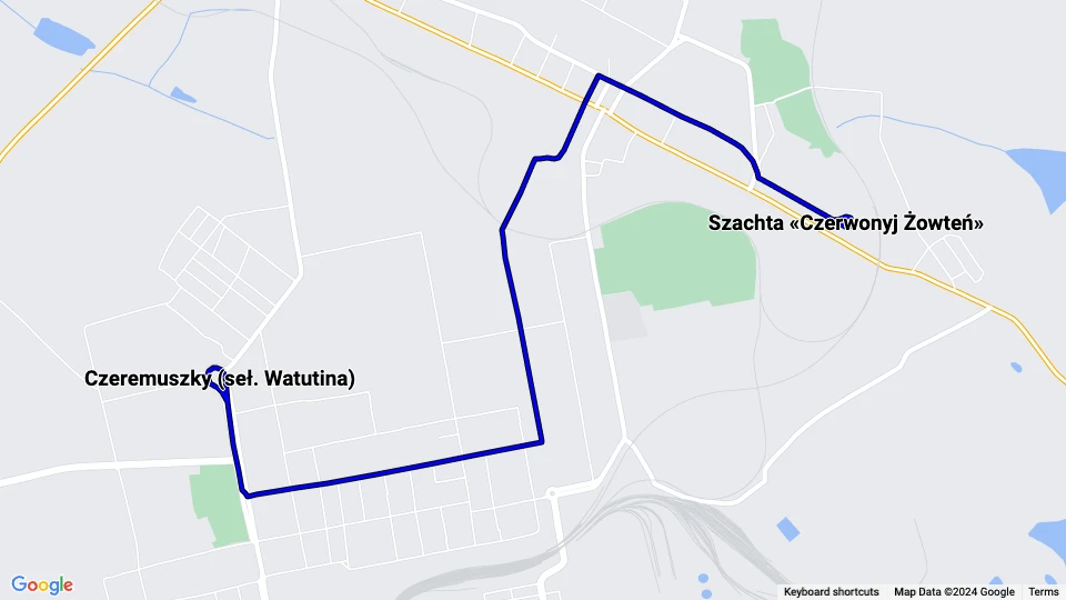 Jenakijeve sporvognslinje 3: Czeremuszky (seł. Watutina) - Szachta «Czerwonyj Żowteń» linjekort