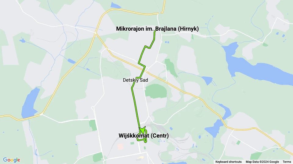 Jenakijeve sporvognslinje 4: Wijśkkomat (Centr) - Mikrorajon im. Brajlana (Hirnyk) linjekort