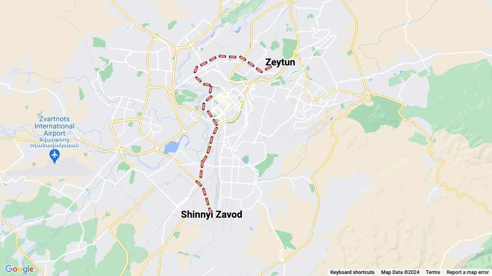 Jerevan sporvognslinje 1: Zeytun - Shinnyi Zavod linjekort