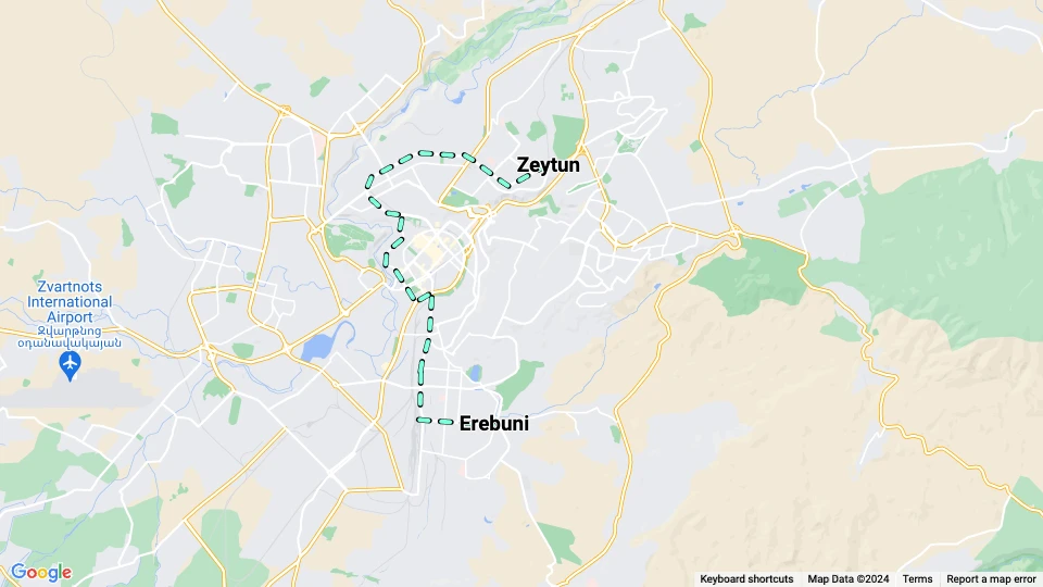 Jerevan sporvognslinje 7: Zeytun - Erebuni linjekort