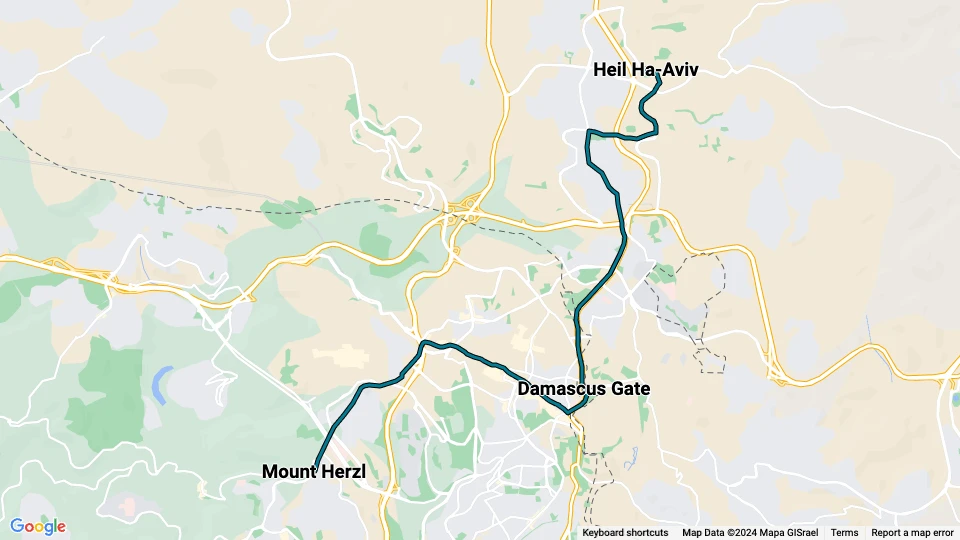 Jerusalem letbanelinje L1: Heil Ha-Aviv - Mount Herzl linjekort