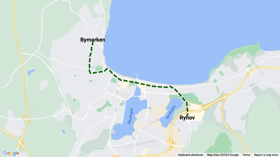 Jönköping sporvognslinje Grøn: Ryhov - Bymarken linjekort
