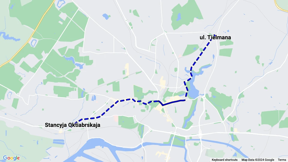 Kaliningrad sporvognslinje 1: Stancyja Oktiabrskaja - ul. Tielmana linjekort