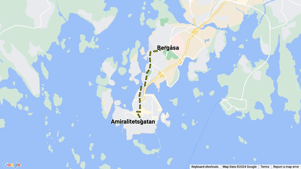 Karlskrona sporvognslinje: Amiralitetsgatan - Bergåsa linjekort