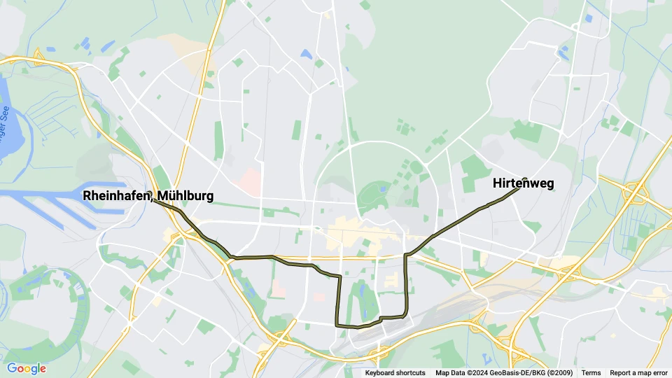 Karlsruhe ekstralinje 19: Rheinhafen, Mühlburg - Hirtenweg linjekort