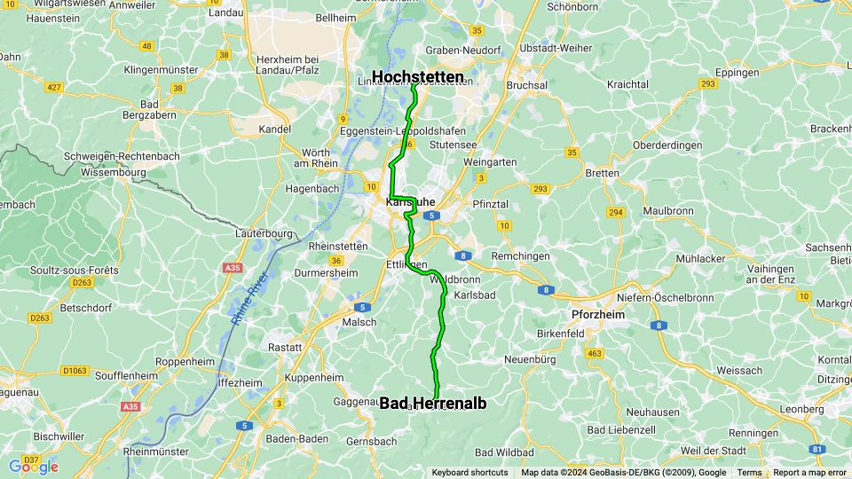 Karlsruhe regionallinje S1: Hochstetten - Bad Herrenalb linjekort