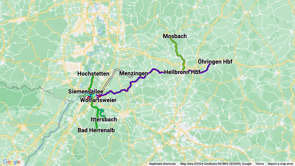 Karlsruher Verkehrsverbund (KVV) linjekort
