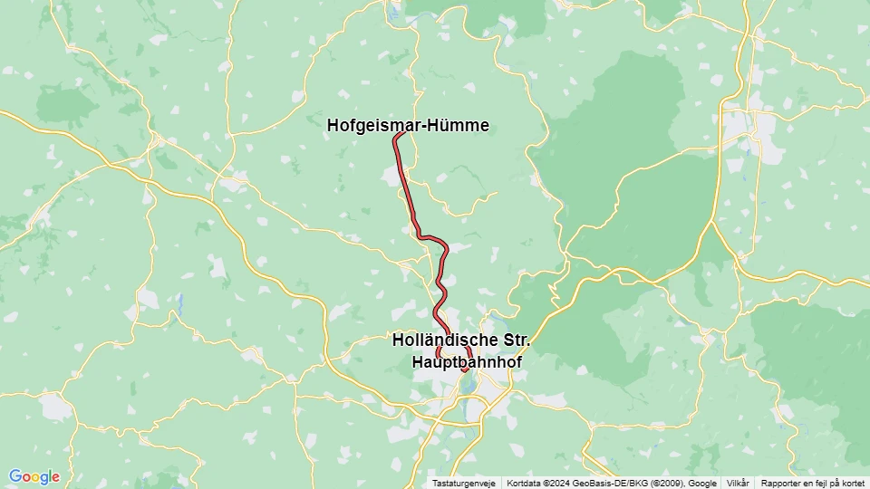Kassel regionallinje RT1: Holländische Str. - Hofgeismar-Hümme linjekort