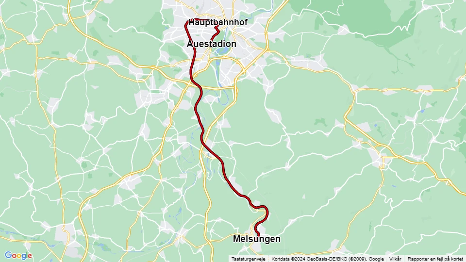 Kassel regionallinje RT5: Melsungen - Auestadion linjekort