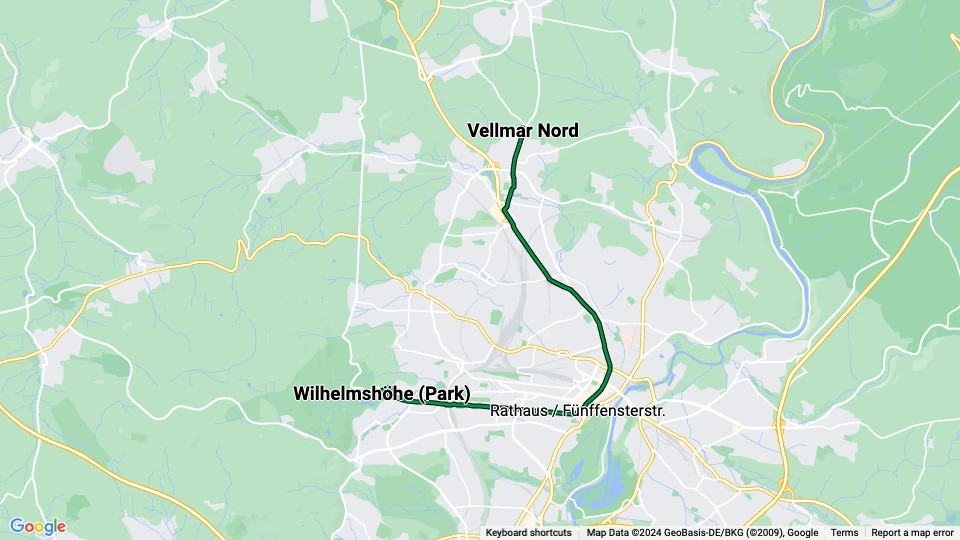 Kassel sporvognslinje 1: Wilhelmshöhe (Park) - Vellmar Nord linjekort