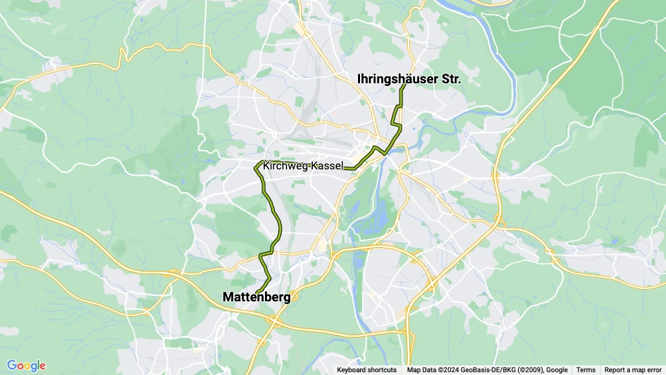 Kassel sporvognslinje 3: Mattenberg - Ihringshäuser Str. linjekort
