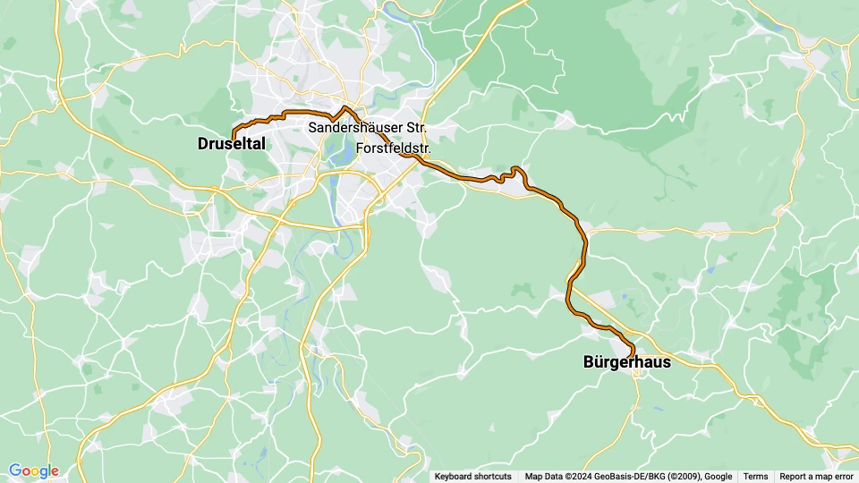 Kassel sporvognslinje 4: Druseltal - Bürgerhaus linjekort