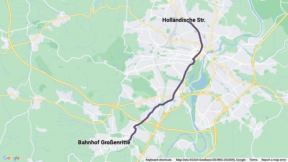 Kassel sporvognslinje 5: Holländische Str. - Bahnhof Großenritte linjekort