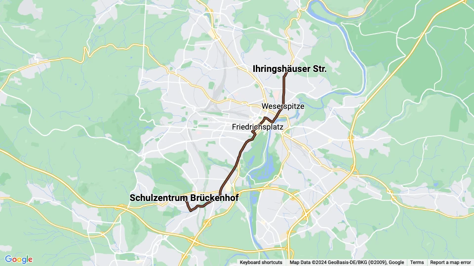 Kassel sporvognslinje 6: Ihringshäuser Str. - Schulzentrum Brückenhof linjekort