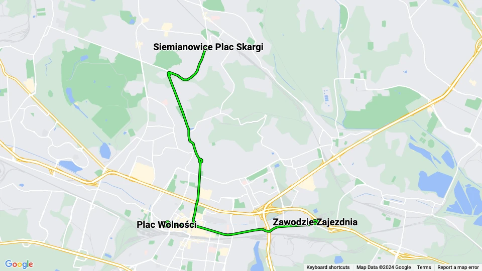 Katowice sporvognslinje T13 linjekort